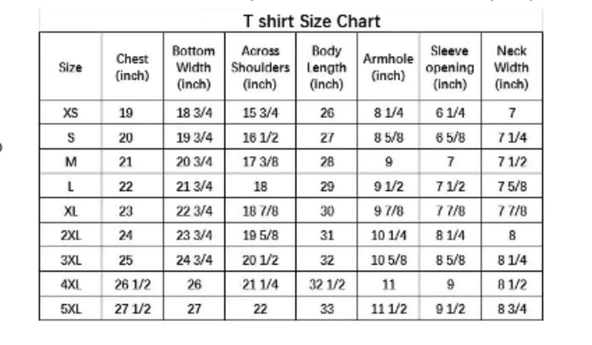 Theme Weekend Retreat 2026 - South East A TWR Shirt Size Chart